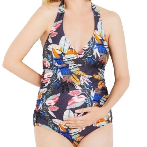 Motherhood Maternity One Piece Swimsuit Ruched Floral Swim Halter Womens Size L - Picture 2 of 7